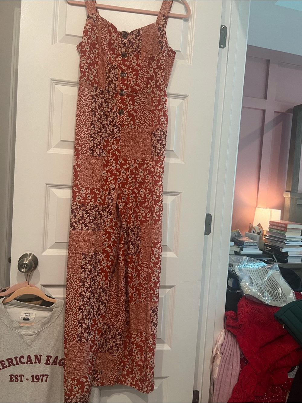 easel Rust Floral Patchwork Button-Front Jumpsuit